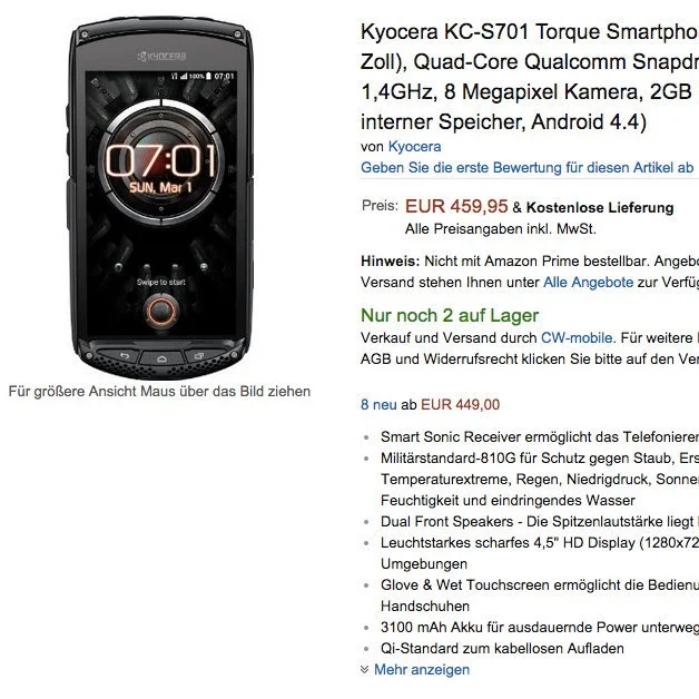 Kyocera Torque ist im Handel erhältlich